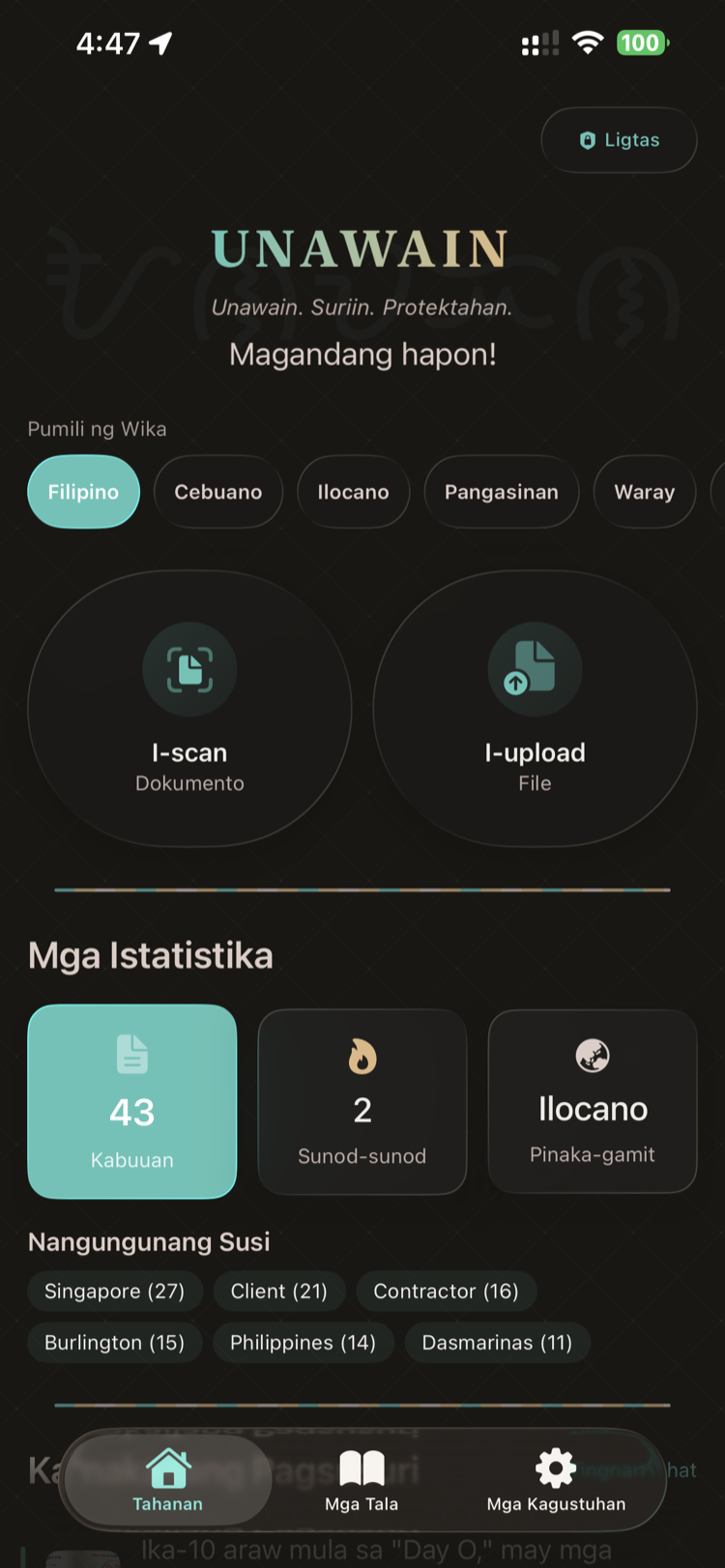 UNAWAIN Dashboard — istatistika, keyword chips, at mabilis na aksyon sa dark mode
